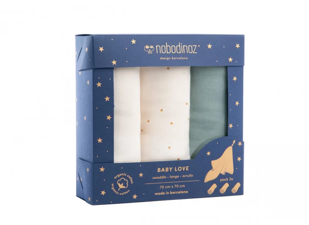 Nobodinoz Mullwindel-Set Eden Green 3er-Pack 70 x 70 cm