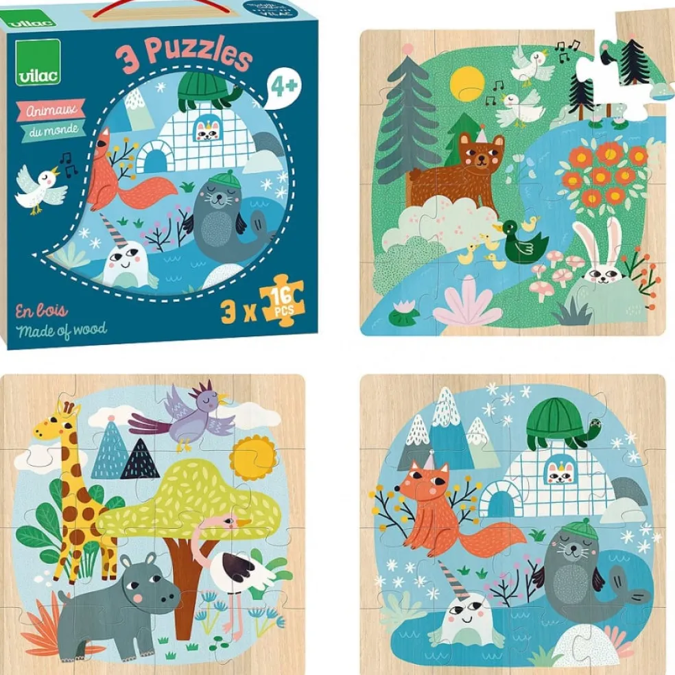 Vilac 3 Holzpuzzle Tiere 16 Teile